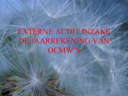 EXTERNE AUDIT INZAKE DE JAARREKENING VAN OCMW’S. INLEIDING 1.Situering externe audit in geheel van NOB 2.Werking, verloop en doelstellingen externe audit.