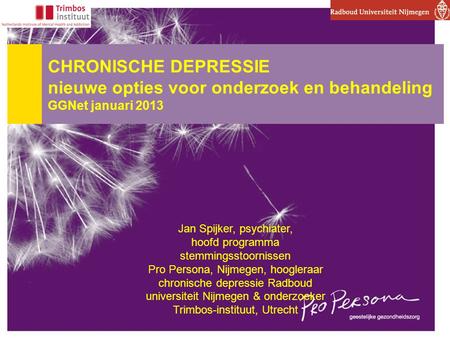 CHRONISCHE DEPRESSIE nieuwe opties voor onderzoek en behandeling GGNet januari 2013 Jan Spijker, psychiater, hoofd programma stemmingsstoornissen.