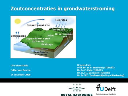 Vermelding onderdeel organisatie 14 december 2006 1 Zoutconcentraties in grondwaterstroming Literatuurstudie Esther van Baaren Begeleiders: Prof. Dr. Ir.