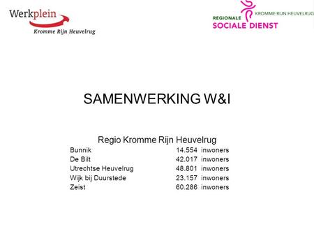 SAMENWERKING W&I Regio Kromme Rijn Heuvelrug Bunnik14.554 inwoners De Bilt42.017 inwoners Utrechtse Heuvelrug48.801 inwoners Wijk bij Duurstede23.157 inwoners.