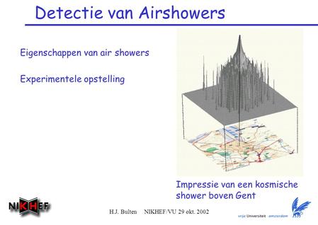 H.J. Bulten NIKHEF/VU 29 okt. 2002 Detectie van Airshowers Eigenschappen van air showers Experimentele opstelling Impressie van een kosmische shower boven.