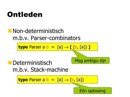 Ontleden nNon-deterministisch m.b.v. Parser-combinators nDeterministisch m.b.v. Stack-machine type Parser a b = [a]  [ (b, [a]) ] type Parser a b = [a]