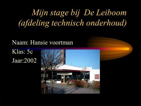 Mijn stage bij De Leiboom (afdeling technisch onderhoud) Naam: Hansie voortman Klas: 5c Jaar:2002 Typ bij * de naam van het bedrijf Typ hier je eigen.