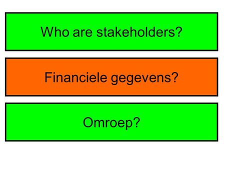 Who are stakeholders? Financiele gegevens? Omroep?