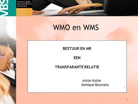 BESTUUR EN MR EEN TRANSPARANTE RELATIE Anton Kotte Monique Bouwens 1