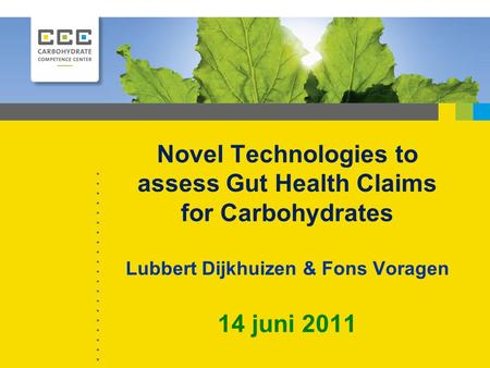 Novel Technologies to assess Gut Health Claims for Carbohydrates Lubbert Dijkhuizen & Fons Voragen 14 juni 2011.