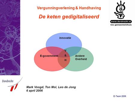 E-Team 2006 Vergunningverlening & Handhaving De keten gedigitaliseerd E-government innovatie Andere Overheid V&HV&H Mark Voogd, Ton Mol, Leo de Jong 6.
