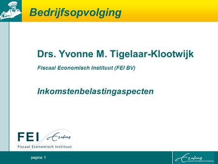 Pagina 1 Bedrijfsopvolging Drs. Yvonne M. Tigelaar-Klootwijk Fiscaal Economisch Instituut (FEI BV) Inkomstenbelastingaspecten.