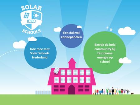 Een dak vol zonnepanelen Betrek de hele community bij Duurzame energie op school Doe mee met Solar Schools Nederland.