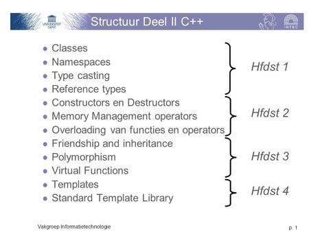P. 1 Vakgroep Informatietechnologie Structuur Deel II C++ Classes Namespaces Type casting Reference types Constructors en Destructors Memory Management.