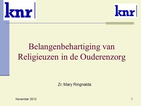 Belangenbehartiging van Religieuzen in de Ouderenzorg November 2013 1 Zr. Mary Ringnalda.