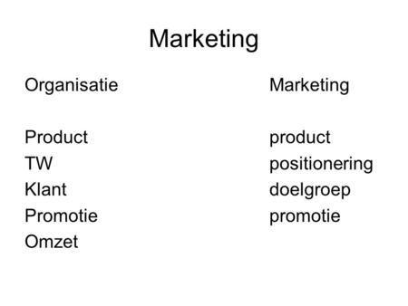Marketing Organisatie Marketing Product product TW positionering Klant doelgroep Promotie promotie Omzet.