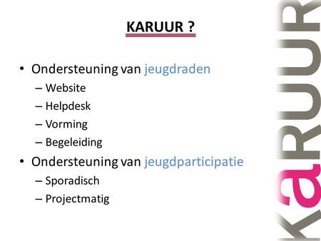KARUUR ? Ondersteuning van jeugdraden – Website – Helpdesk – Vorming – Begeleiding Ondersteuning van jeugdparticipatie – Sporadisch – Projectmatig.