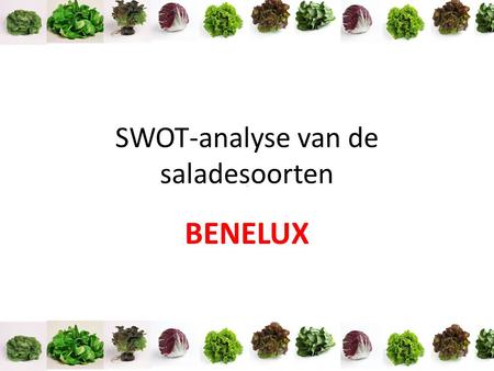SWOT-analyse van de saladesoorten BENELUX. Teelt (1)Voornaamste regioAreaal (ha) Onder bescherming/ Open lucht (%) Evolutie sinds 2010 (2) Kropsla Vlaanderen.