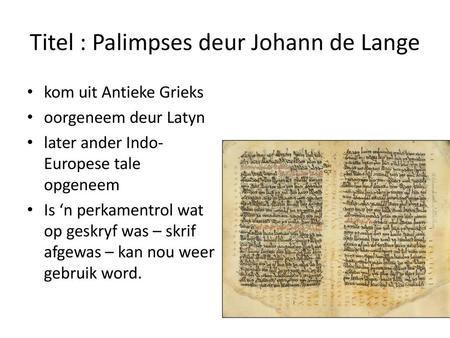 Titel : Palimpses deur Johann de Lange