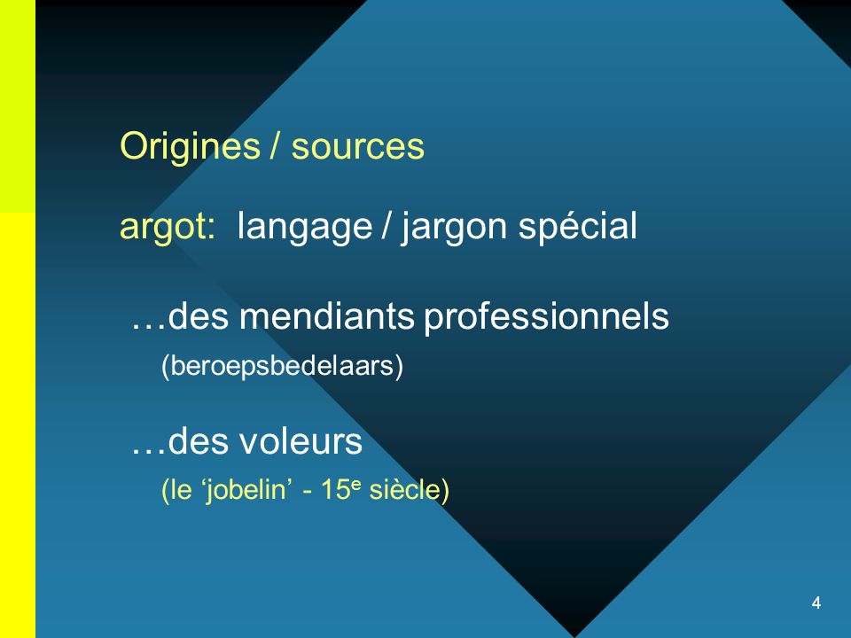 Origines / sources argot: langage / jargon spécial. …des mendiants professionnels. (beroepsbedelaars)