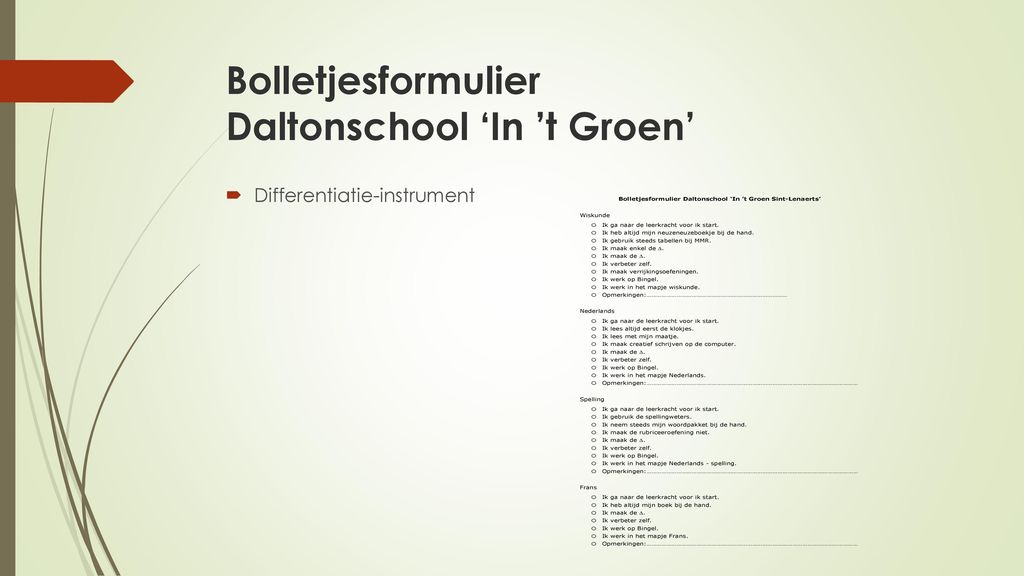 Bolletjesformulier Daltonschool ‘In ’t Groen’