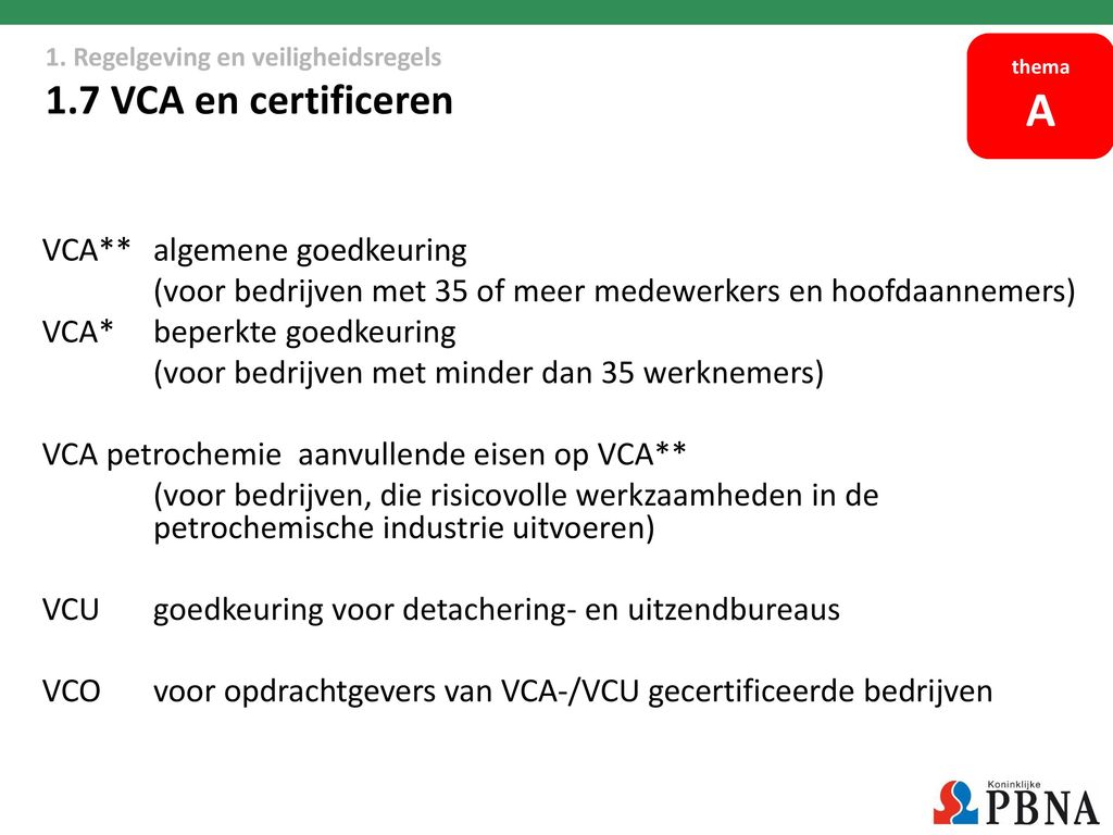 1. Regelgeving en veiligheidsregels 1.7 VCA en certificeren