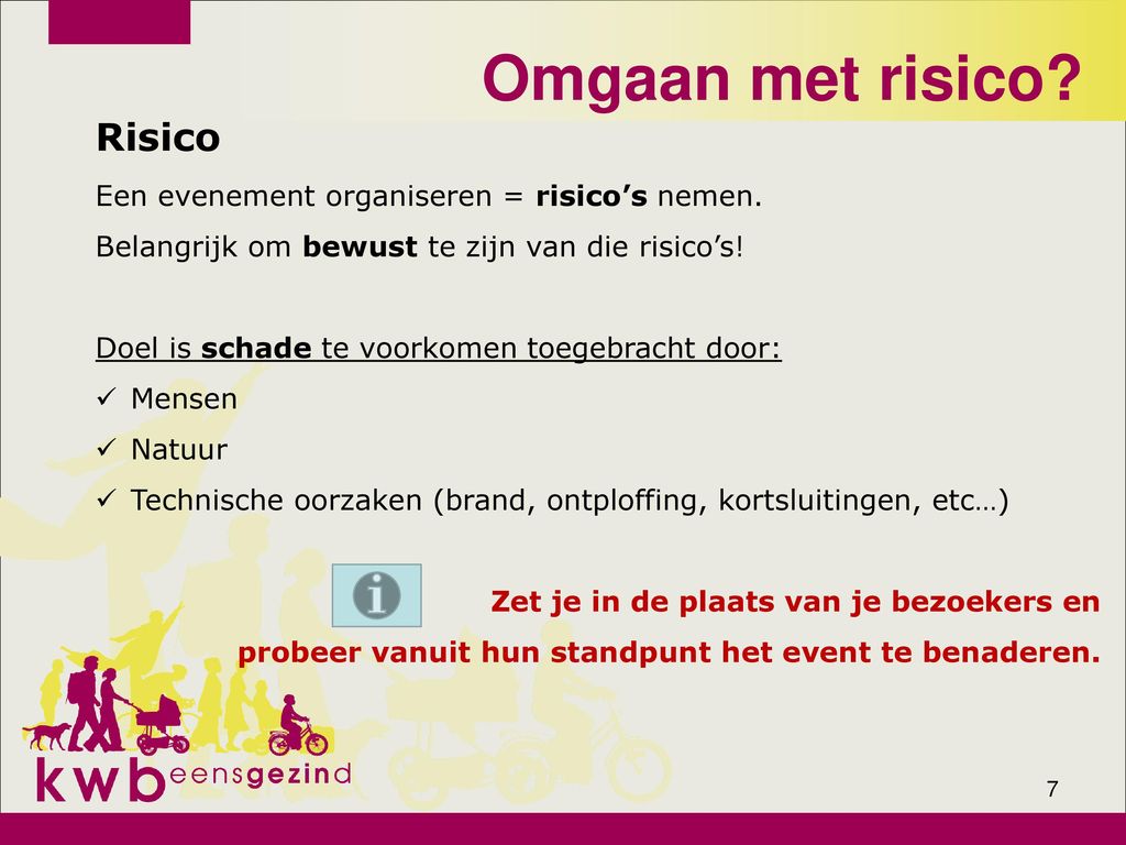 Omgaan met risico Risico Een evenement organiseren = risico’s nemen.