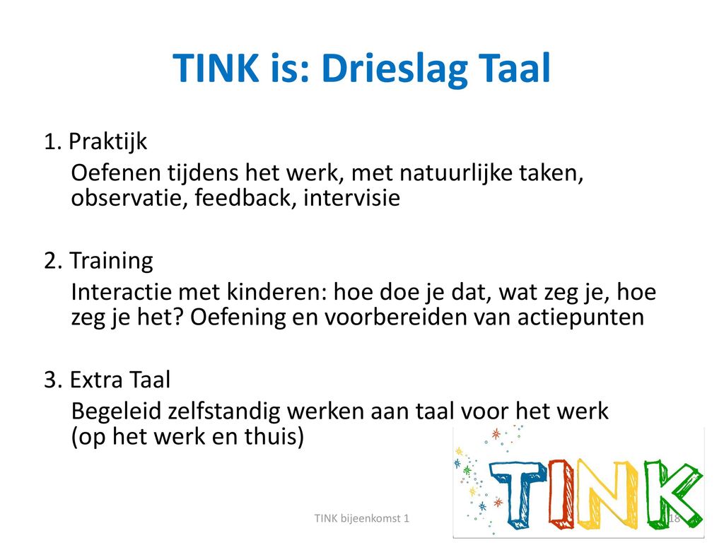 TINK is: Drieslag Taal 1. Praktijk. Oefenen tijdens het werk, met natuurlijke taken, observatie, feedback, intervisie.
