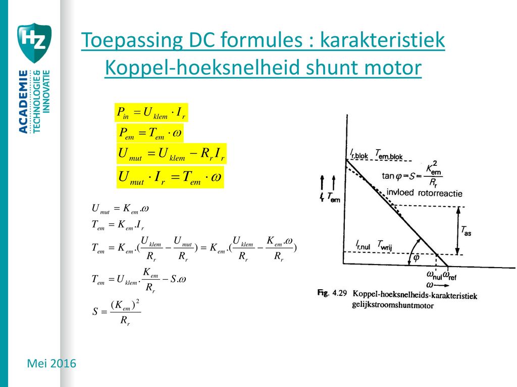 Toepassing DC formules : karakteristiek Koppel-hoeksnelheid shunt motor