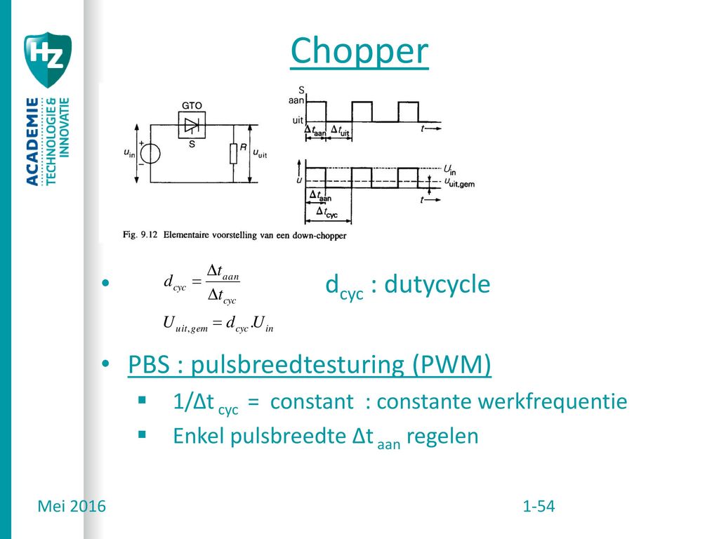 Chopper dcyc : dutycycle PBS : pulsbreedtesturing (PWM)