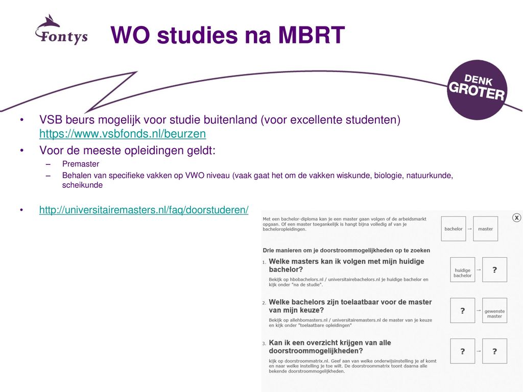 WO studies na MBRT. VSB beurs mogelijk voor studie buitenland (voor excellente studenten)