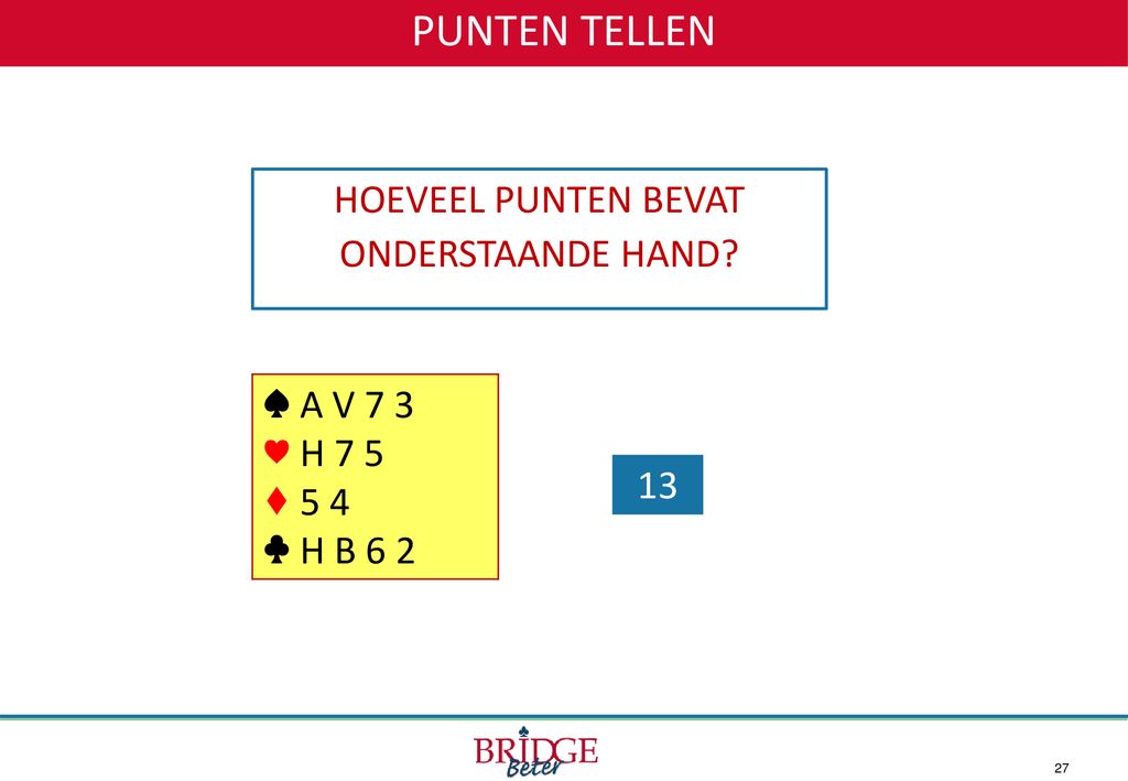 PUNTEN TELLEN HOEVEEL PUNTEN BEVAT ONDERSTAANDE HAND ♠ A V 7 3