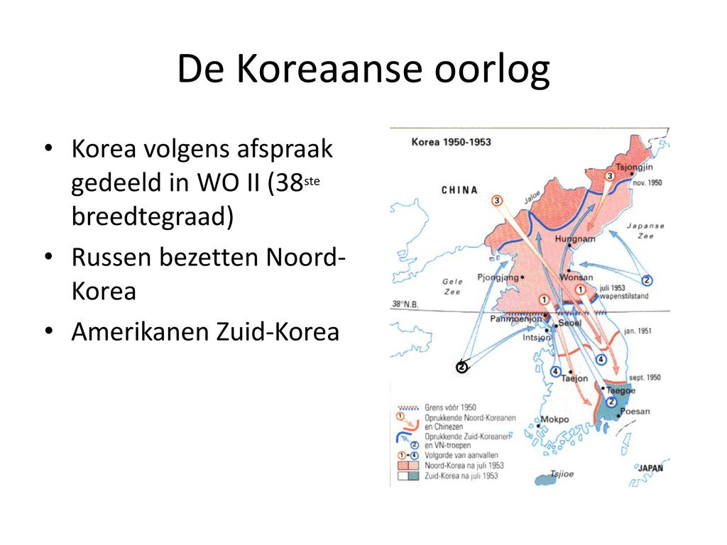 De Koreaanse oorlog Korea volgens afspraak gedeeld in WO II (38ste breedtegraad) Russen bezetten Noord-Korea.