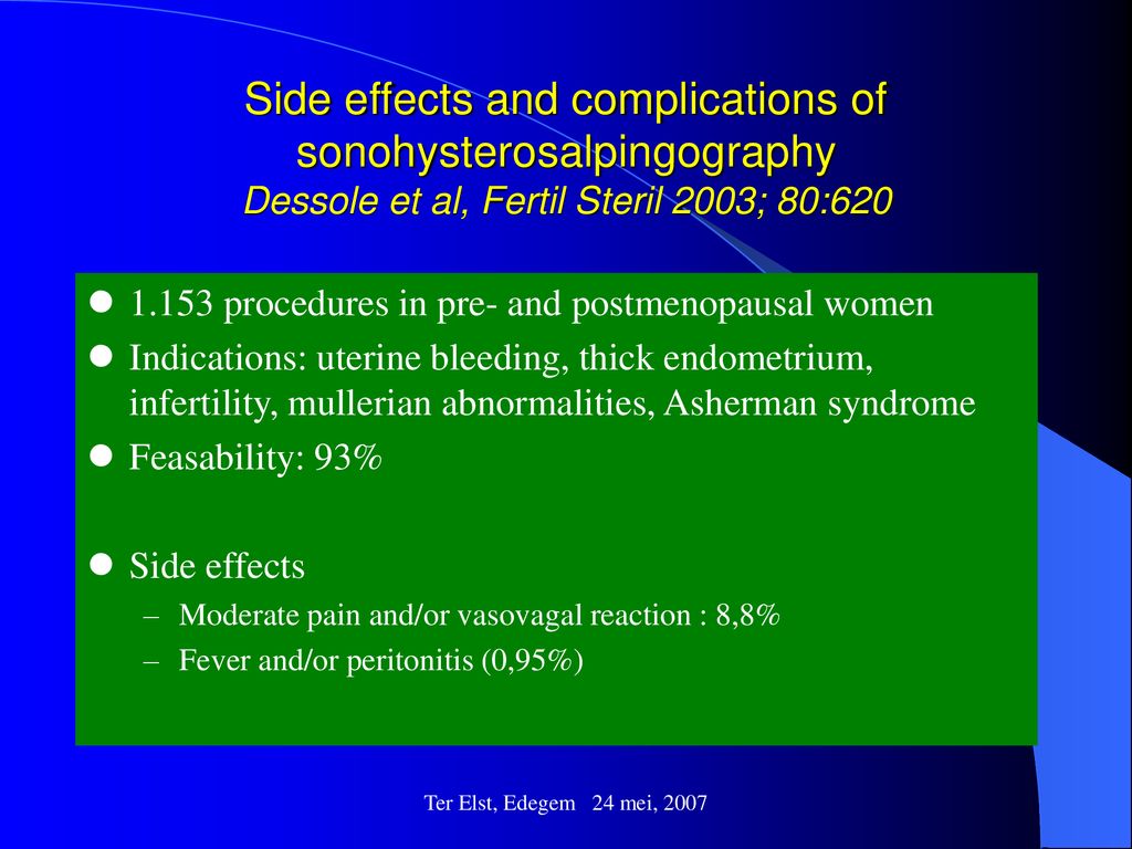 Side effects and complications of sonohysterosalpingography Dessole et al, Fertil Steril 2003; 80:620
