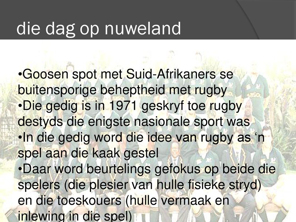 die dag op nuweland Goosen spot met Suid-Afrikaners se buitensporige beheptheid met rugby.