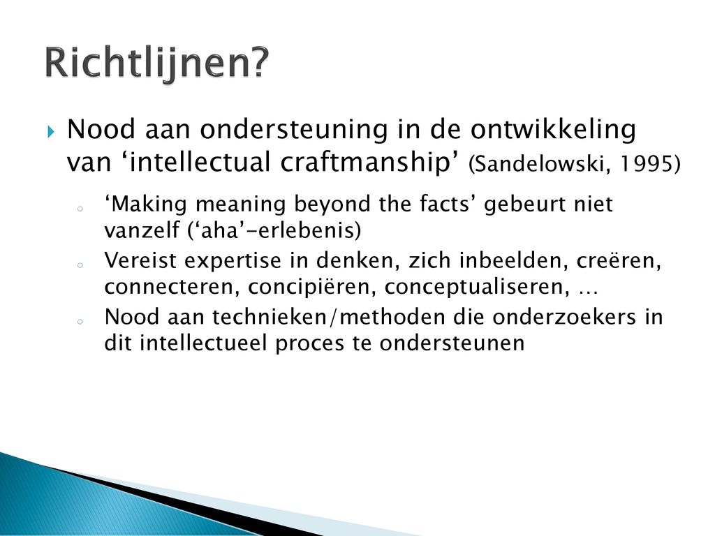 Richtlijnen Nood aan ondersteuning in de ontwikkeling van ‘intellectual craftmanship’ (Sandelowski, 1995)