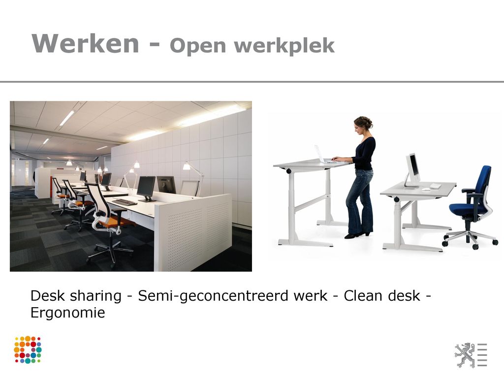 Werken - Open werkplek Desk sharing - Semi-geconcentreerd werk - Clean desk - Ergonomie