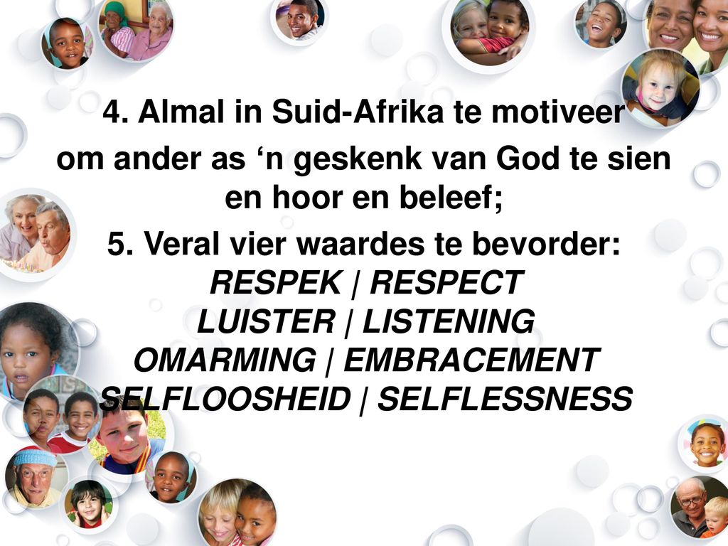 4. Almal in Suid-Afrika te motiveer om ander as ‘n geskenk van God te sien en hoor en beleef; 5.