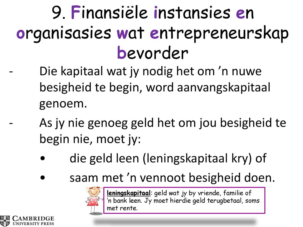 9. Finansiële instansies en organisasies wat entrepreneurskap bevorder