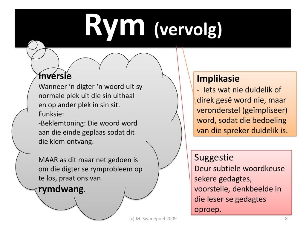 Rym (vervolg) Inversie Implikasie Suggestie