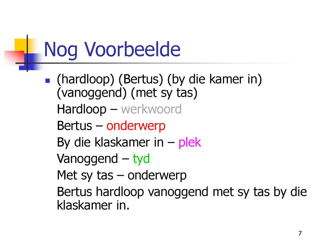 Nog Voorbeelde (hardloop) (Bertus) (by die kamer in) (vanoggend) (met sy tas) Hardloop – werkwoord.