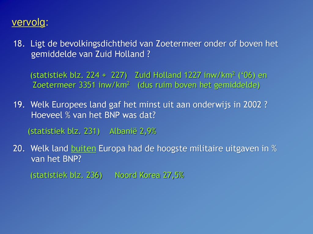 vervolg: 18. Ligt de bevolkingsdichtheid van Zoetermeer onder of boven het gemiddelde van Zuid Holland