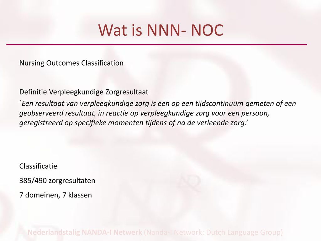 Wat is NNN- NOC Nursing Outcomes Classification
