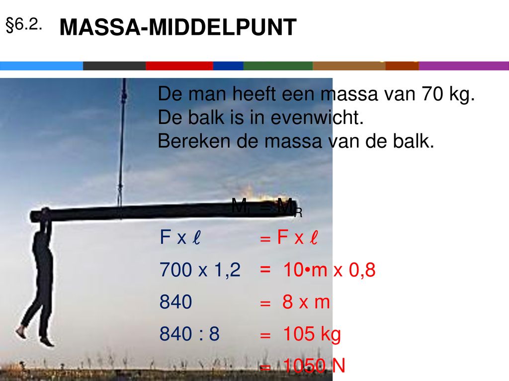 §6.2. MASSA-MIDDELPUNT. De man heeft een massa van 70 kg. De balk is in evenwicht. Bereken de massa van de balk.