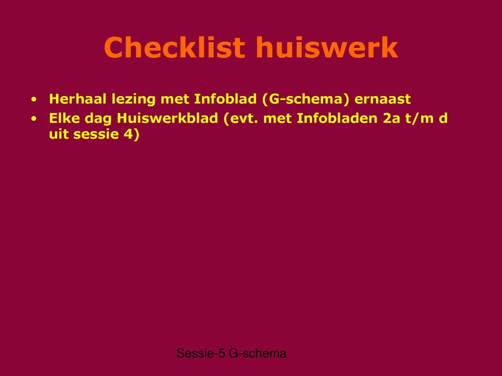 Checklist huiswerk Herhaal lezing met Infoblad (G-schema) ernaast