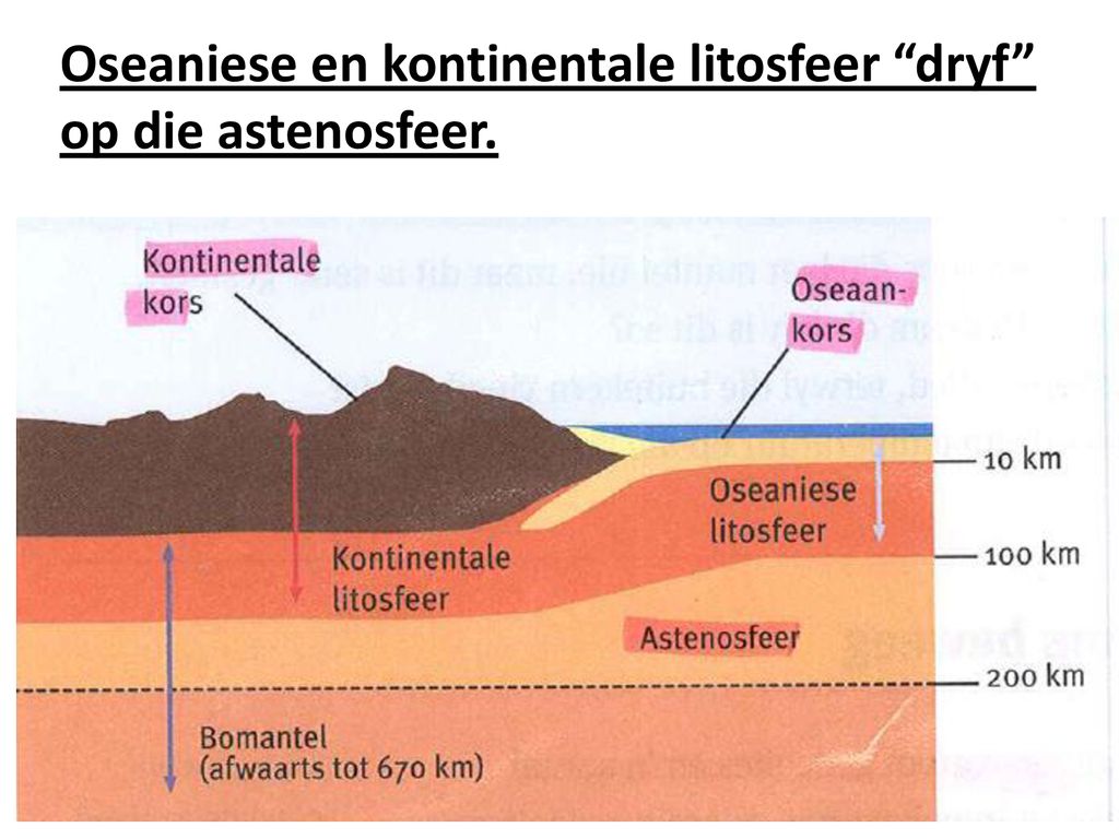 Oseaniese en kontinentale litosfeer dryf op die astenosfeer.