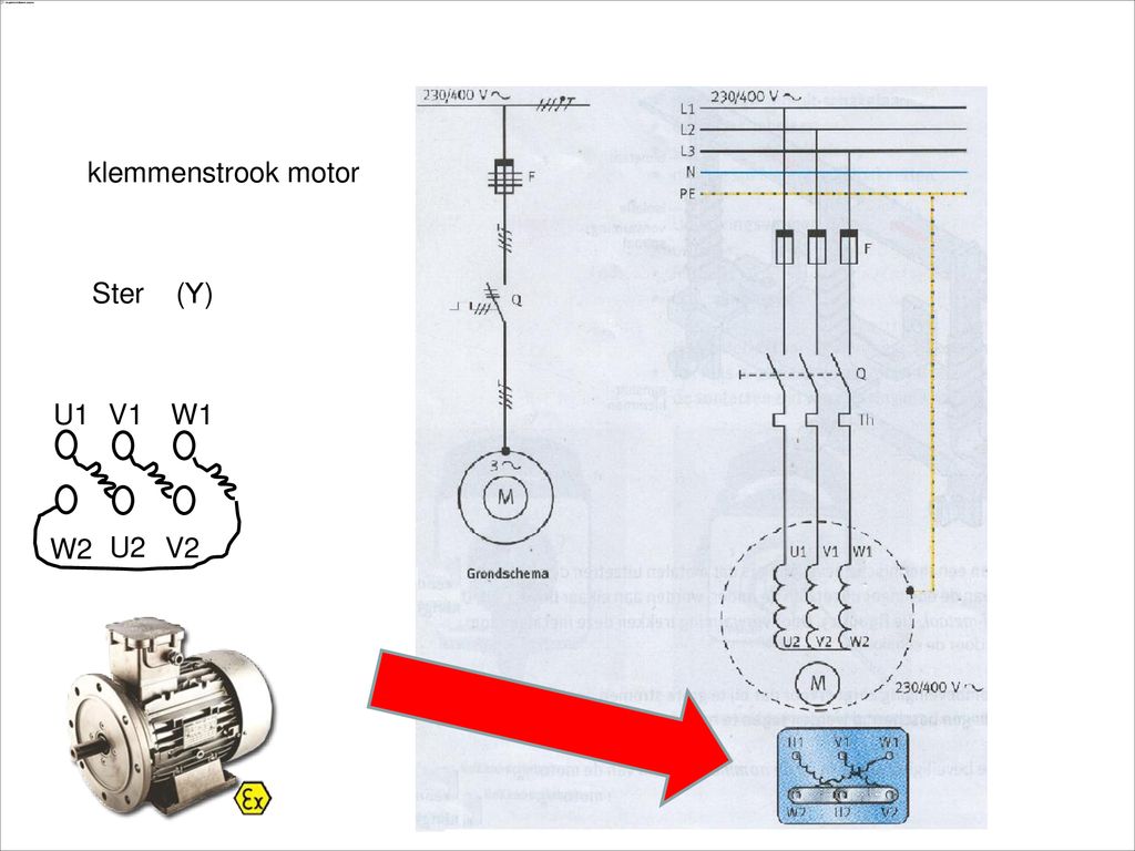 Schema klemmenstrook motor Ster (Υ) U1 V1 W1 W2 U2 V2