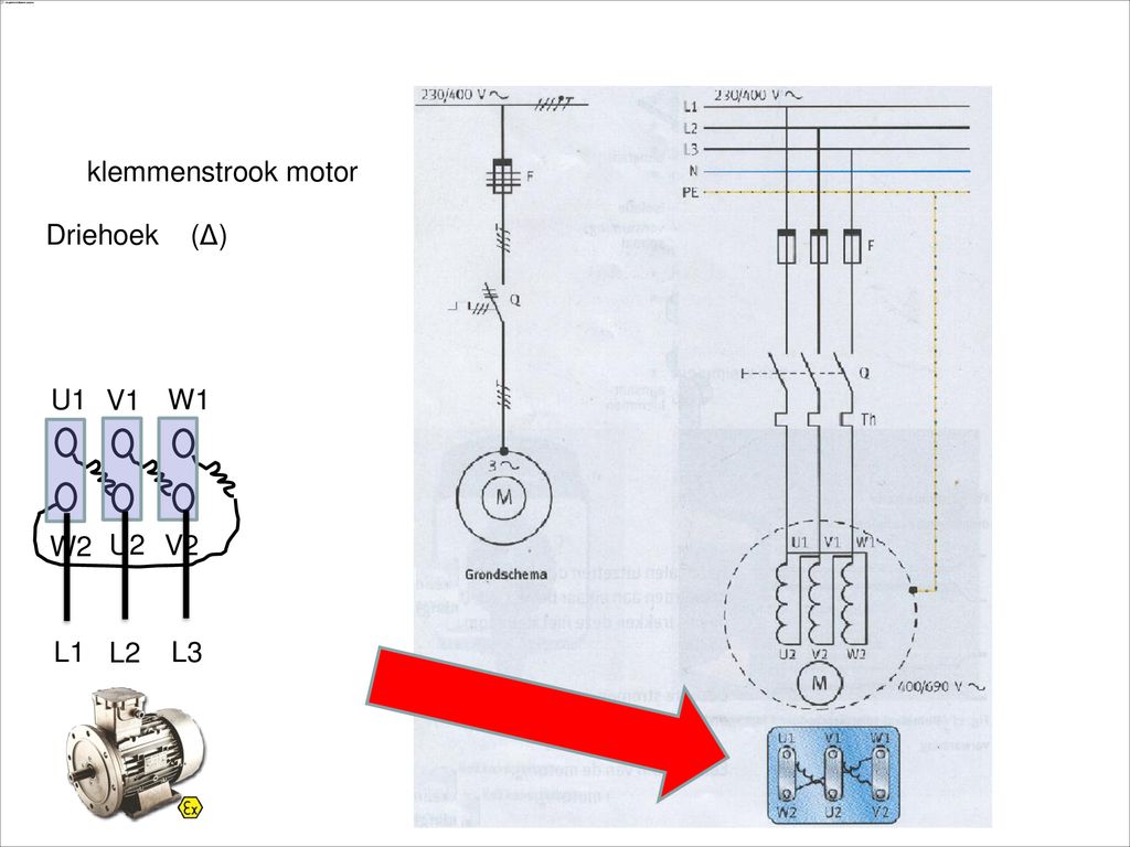 Schema klemmenstrook motor Driehoek (Δ) U1 V1 W1 W2 U2 V2 L1 L2 L3