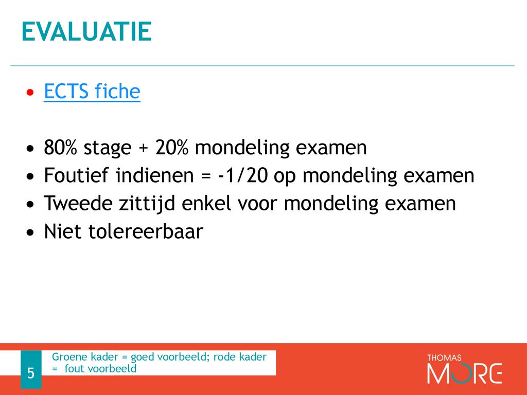 Evaluatie ECTS fiche 80% stage + 20% mondeling examen