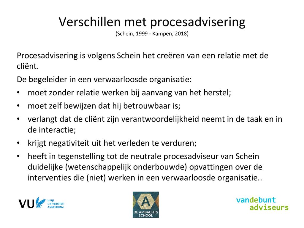 Verschillen met procesadvisering (Schein, Kampen, 2018)