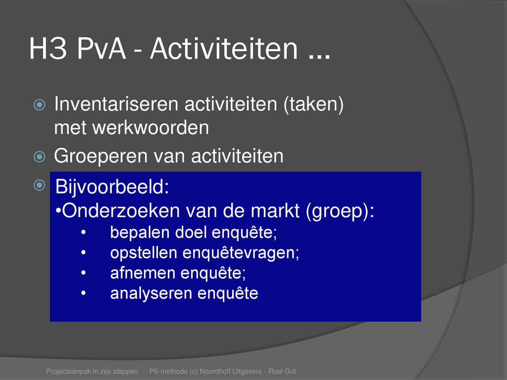H3 PvA - Activiteiten … Inventariseren activiteiten (taken) met werkwoorden. Groeperen van activiteiten.