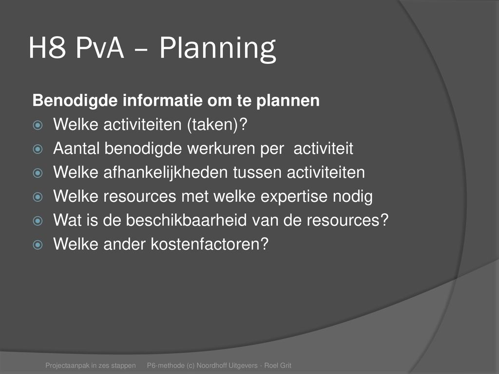 H8 PvA – Planning Benodigde informatie om te plannen