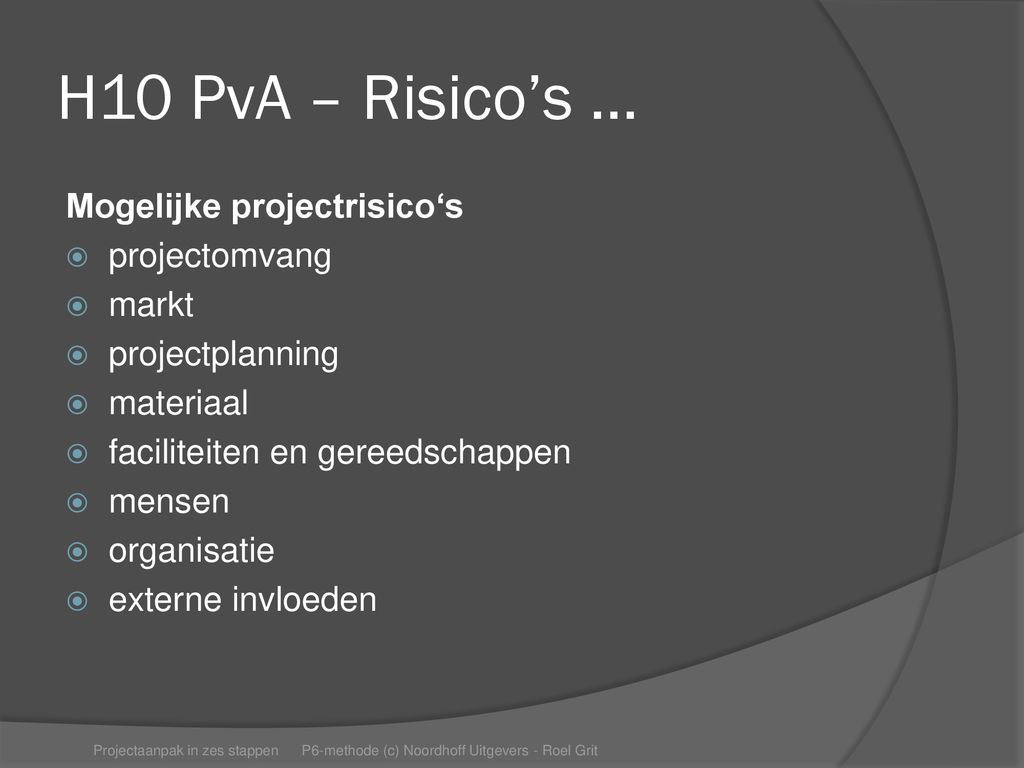 H10 PvA – Risico’s … Mogelijke projectrisico‘s projectomvang markt