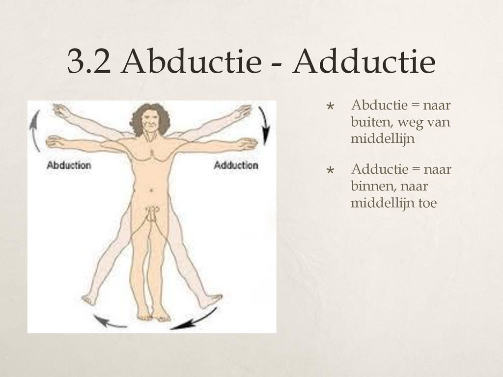 3.2 Abductie - Adductie Abductie = naar buiten, weg van middellijn